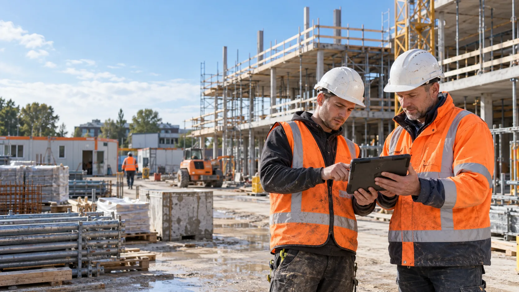 Twee bouwprofessionals bekijken projectinformatie op een tablet op de bouwplaats