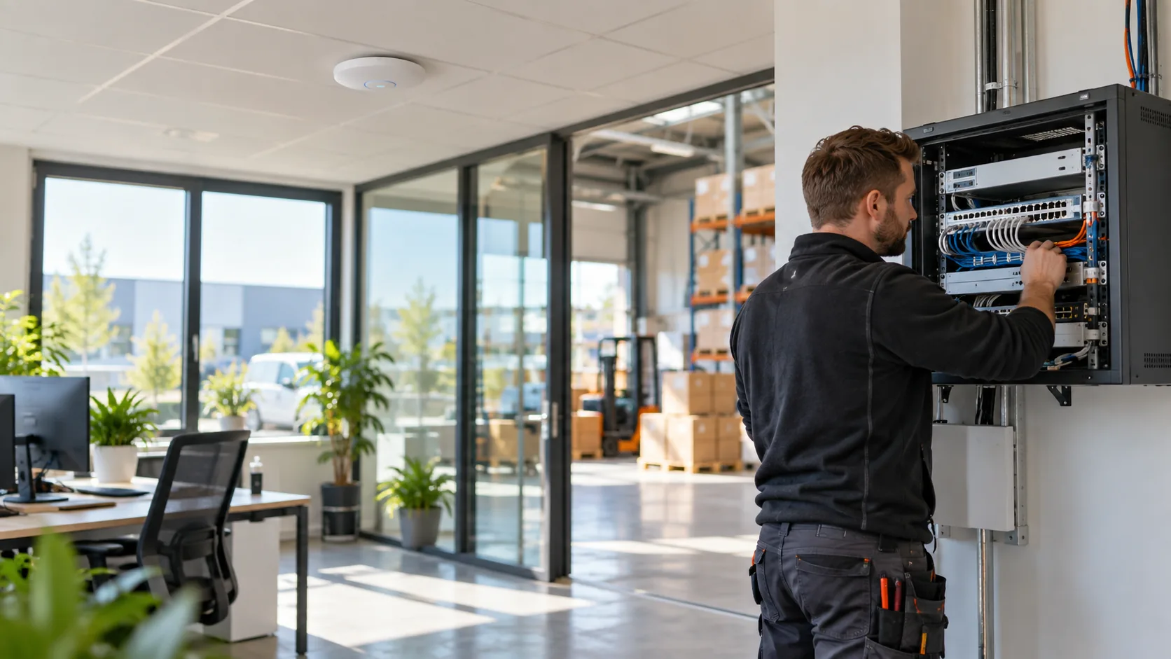 Monteur werkt aan een zakelijk netwerk in een kantoor met magazijn